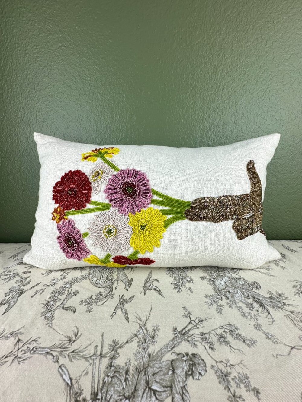 Jonathan Adler Beaded Hand Flower Bouquet Gun Lumbar Linen Down Pillow